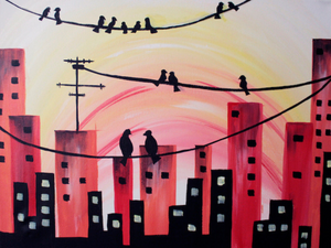 Cours de peinture débutant Happy Paint by Happy Labs avec la peinture City of birds, un apéro créatif avec un atelier peinture dans un bar accessible à tous, animé par un artiste dans une ambiance conviviale