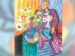 Cours de peinture débutant Happy Paint by Happy Labs avec la peinture Femme au manteau d'après Matisse, un apéro créatif avec un atelier peinture dans un bar accessible à tous, animé par un artiste dans une ambiance conviviale