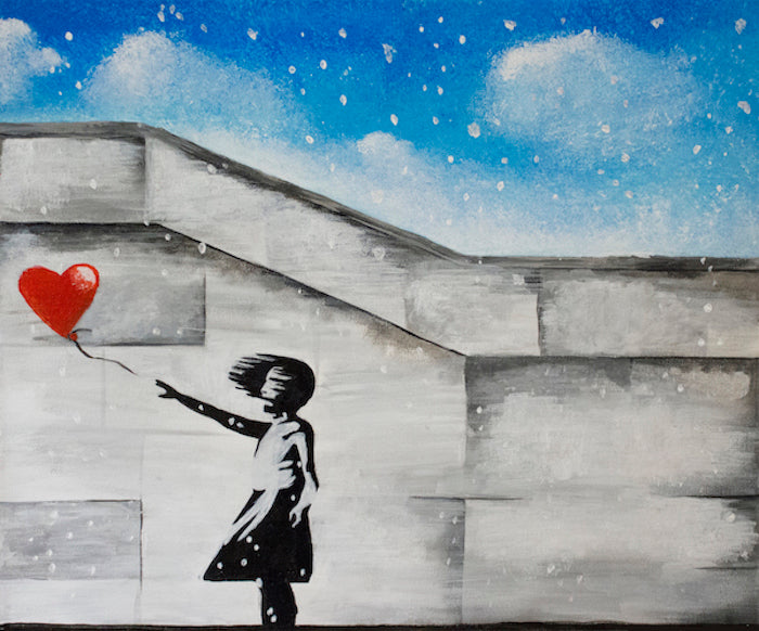 Cours de peinture débutant Happy Paint by Happy Labs avec la peinture Fillette au ballon de Banksy,un apéro créatif avec un atelier peinture dans un bar accessible à tous, animé par un artiste dans une ambiance conviviale
