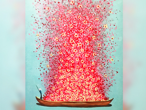 Cours de peinture débutant Happy Paint by Happy Labs avec la peinture Flower boat, un apéro créatif avec un atelier peinture dans un bar accessible à tous, animé par un artiste dans une ambiance conviviale