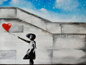 Cours de peinture débutant Happy Paint by Happy Labs avec la peinture Happy Christmas avec Banksy, un apéro créatif avec un atelier peinture dans un bar accessible à tous, animé par un artiste dans une ambiance conviviale