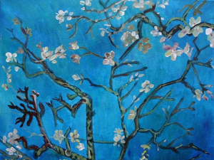 Cours de peinture débutant Happy Paint by Happy Labs avec la peinture L'amandier en fleurs de Van Gogh, un apéro créatif avec un atelier peinture dans un bar accessible à tous, animé par un artiste dans une ambiance conviviale