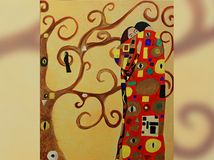 Cours de peinture débutant Happy Paint by Happy Labs avec la peinture L'Arbre de vie de Klimt, un apéro créatif avec un atelier peinture dans un bar accessible à tous, animé par un artiste dans une ambiance conviviale