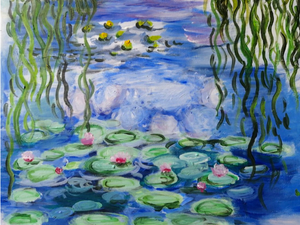 Cours de peinture débutant Happy Paint by Happy Labs avec la peinture Les Nymphéas de Monet, un apéro créatif avec un atelier peinture dans un bar accessible à tous, animé par un artiste dans une ambiance conviviale