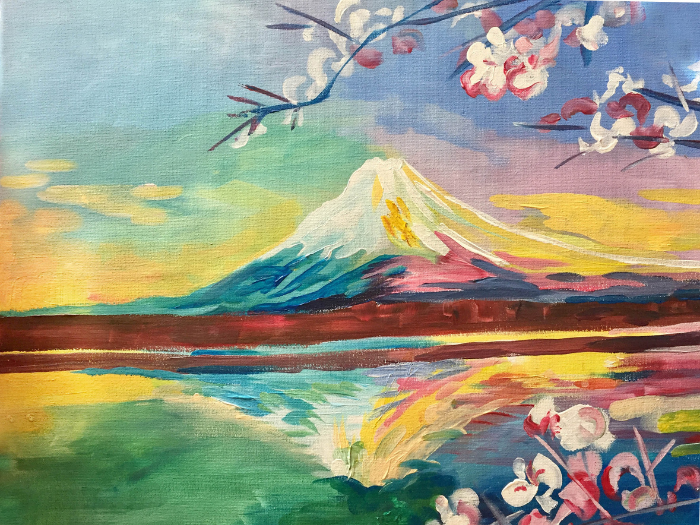 Cours de peinture débutant Happy Paint by Happy Labs avec la peinture Mont Fuji, un apéro créatif avec un atelier peinture dans un bar accessible à tous, animé par un artiste dans une ambiance conviviale
